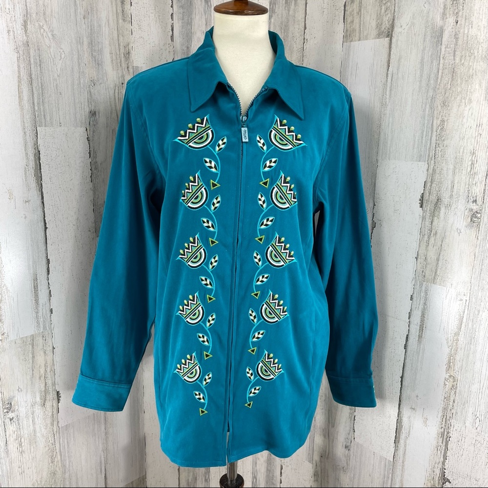 Bob Mackie Wearable Art Women’s Teal Floral‎ Suede Feel Zip Up Jacket Sz M